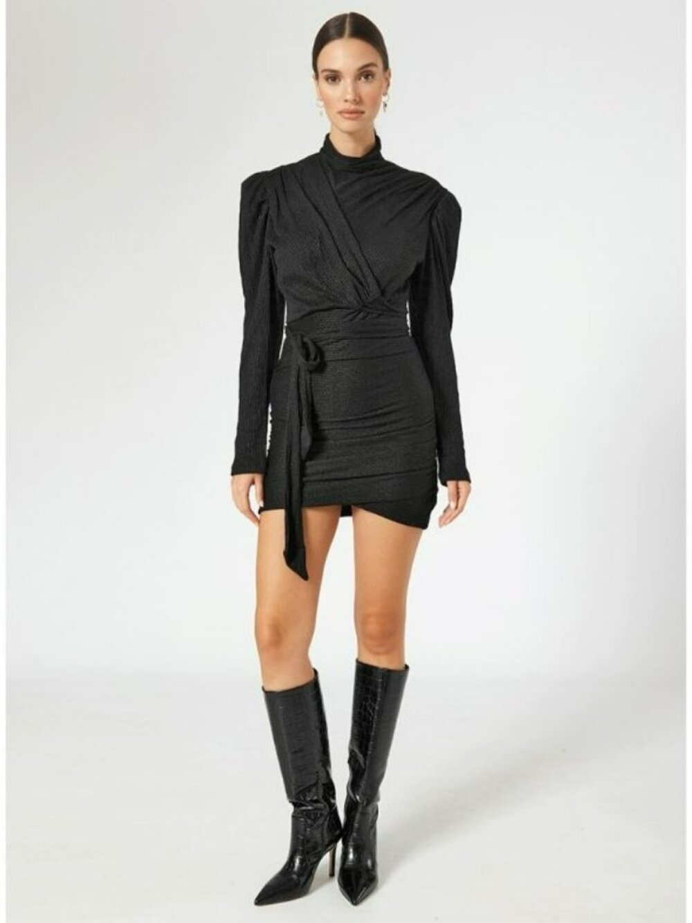 Sabina Musayev $289 Black Metallic Ruched Dress Long Sleeve Goth Whimsigoth - Picture 3 of 16